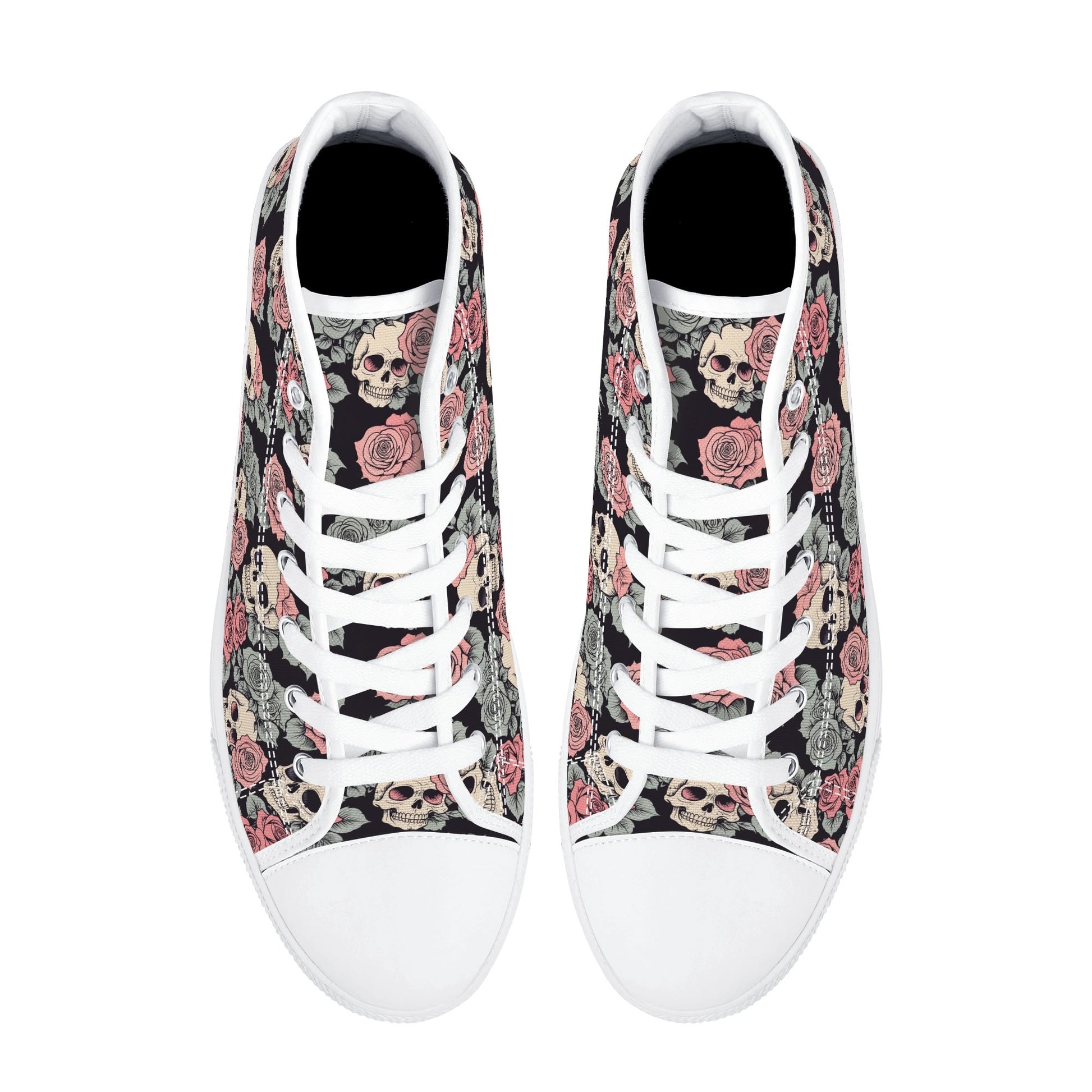 Skull and Pink Rose Womens High Top Canvas Shoes DeRose Seasonal