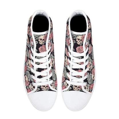 Skull and Pink Rose Womens High Top Canvas Shoes DeRose Seasonal