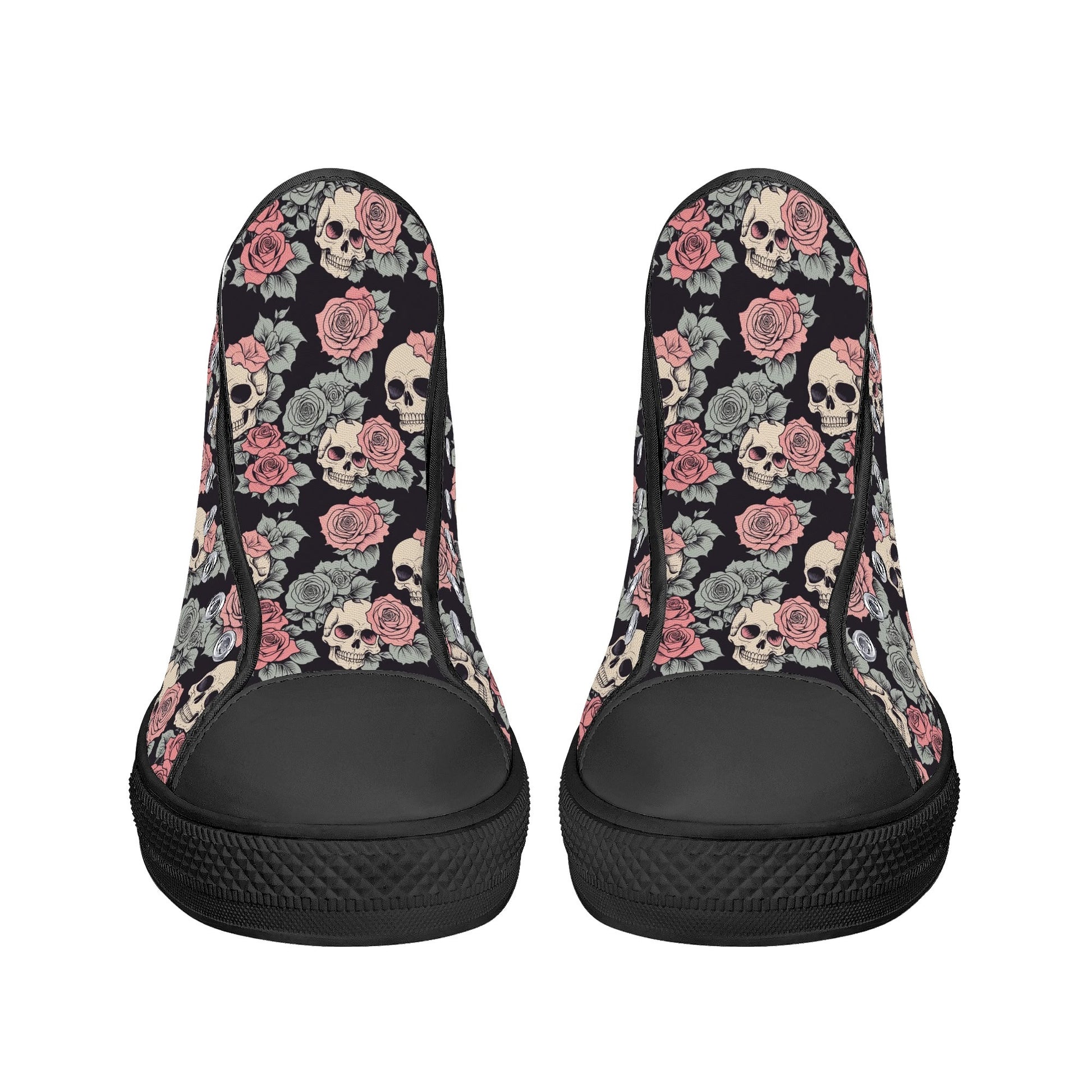 Skull and Pink Rose Womens High Top Canvas Shoes DeRose Seasonal