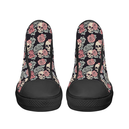 Skull and Pink Rose Womens High Top Canvas Shoes DeRose Seasonal