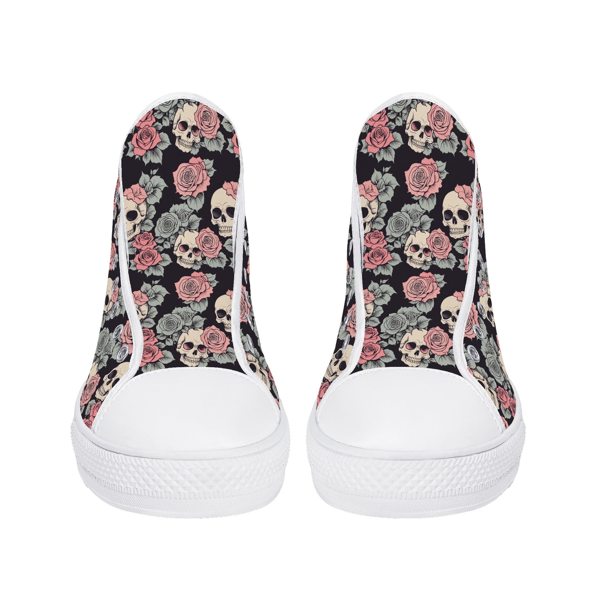 Skull and Pink Rose Womens High Top Canvas Shoes DeRose Seasonal