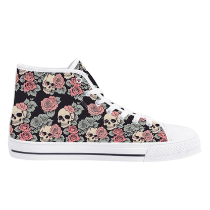 Skull and Pink Rose Womens High Top Canvas Shoes DeRose Seasonal