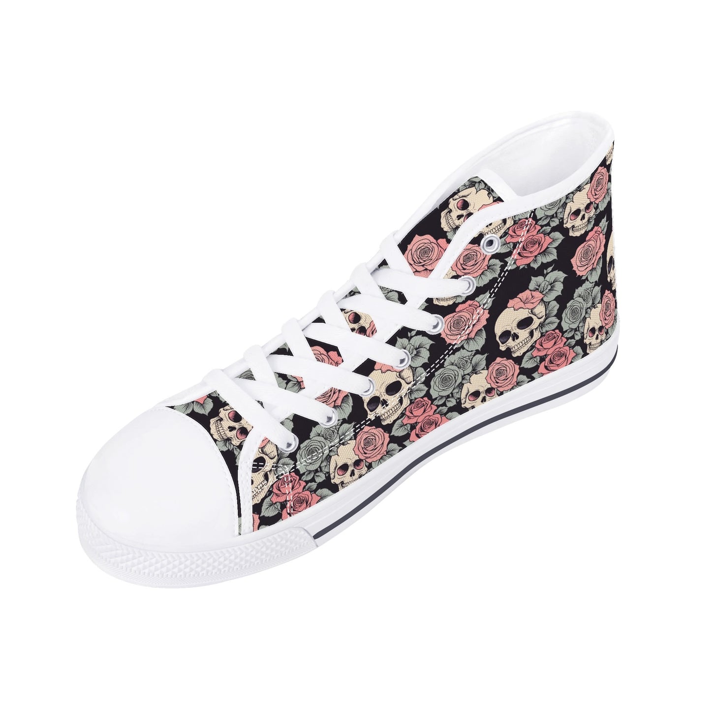 Skull and Pink Rose Womens High Top Canvas Shoes DeRose Seasonal