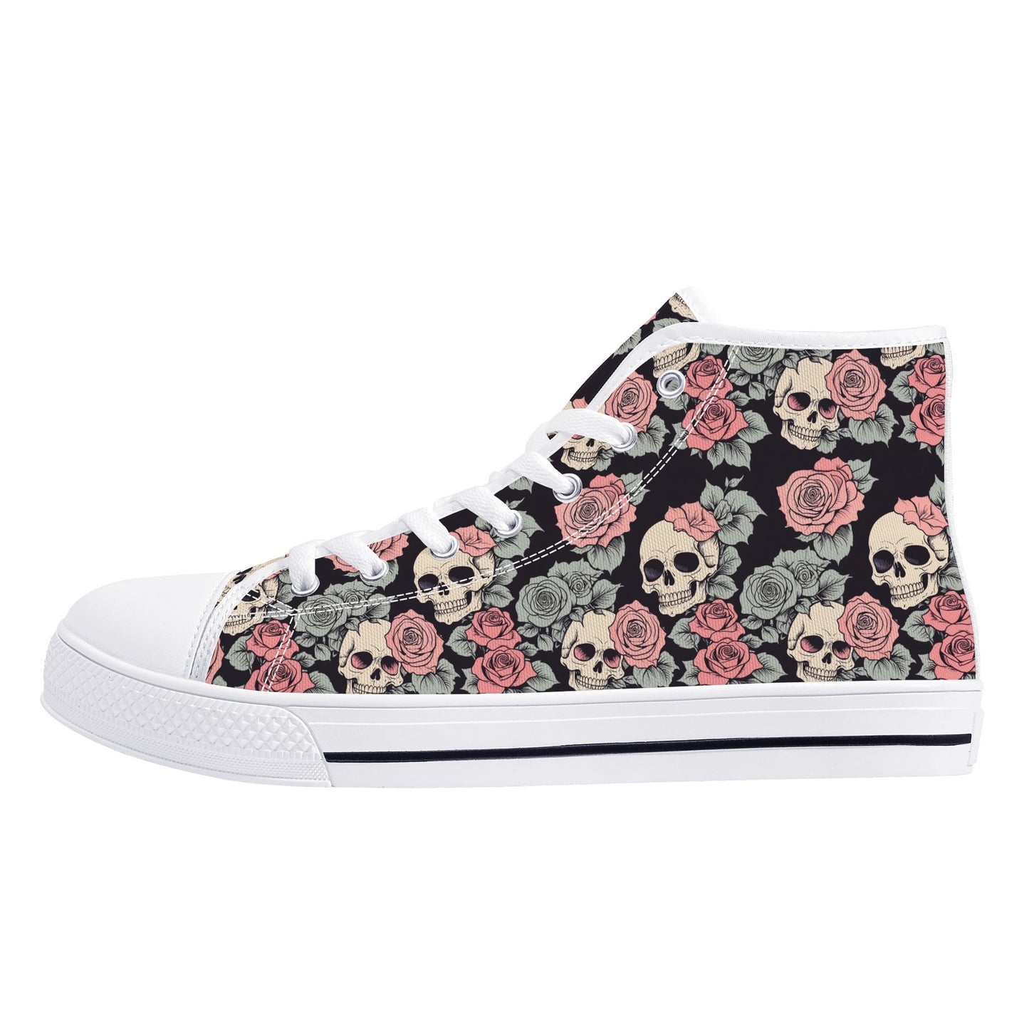 Skull and Pink Rose Womens High Top Canvas Shoes DeRose Seasonal