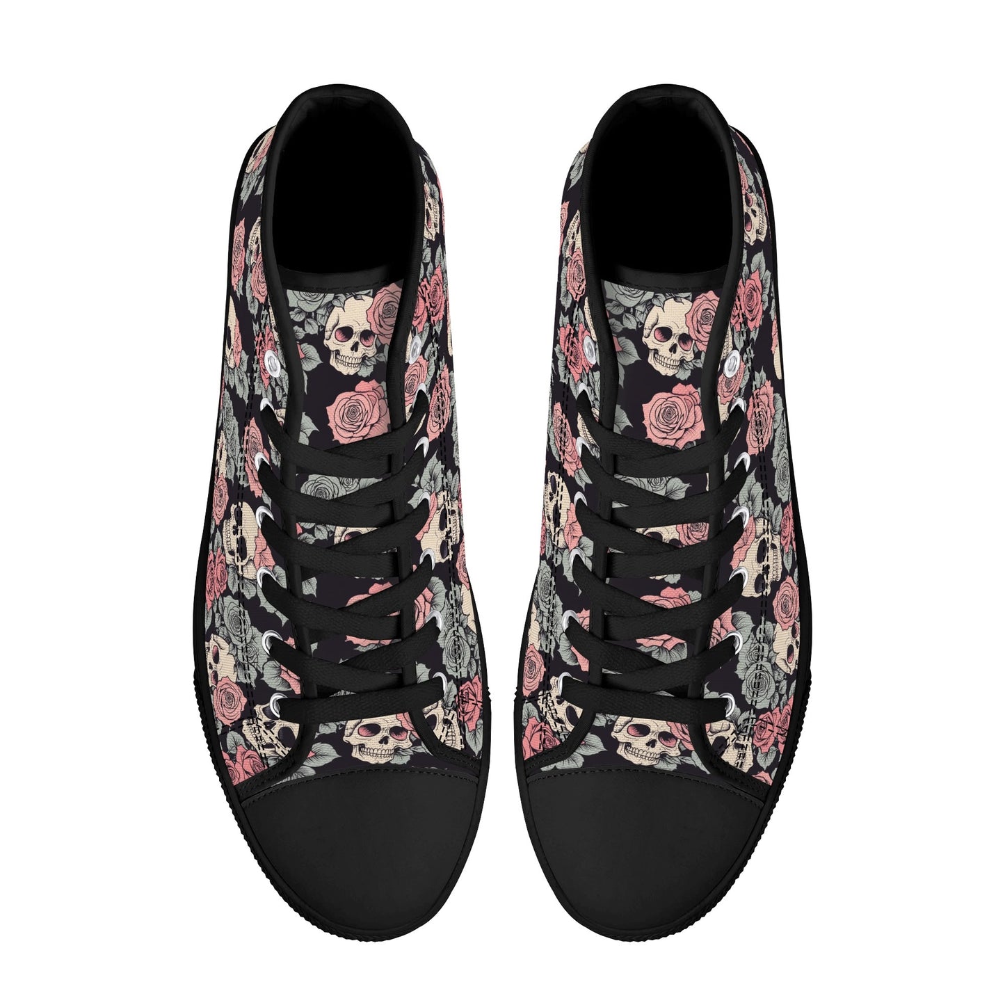 Skull and Pink Rose Womens High Top Canvas Shoes DeRose Seasonal