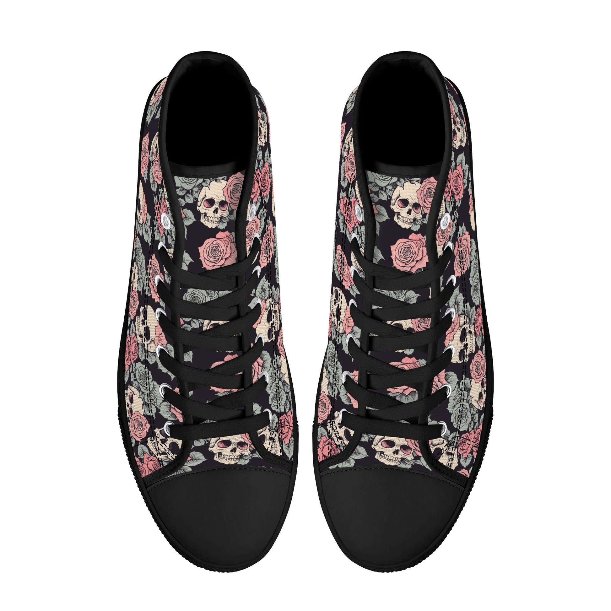 Skull and Pink Rose Womens High Top Canvas Shoes DeRose Seasonal