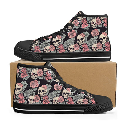 Skull and Pink Rose Womens High Top Canvas Shoes DeRose Seasonal