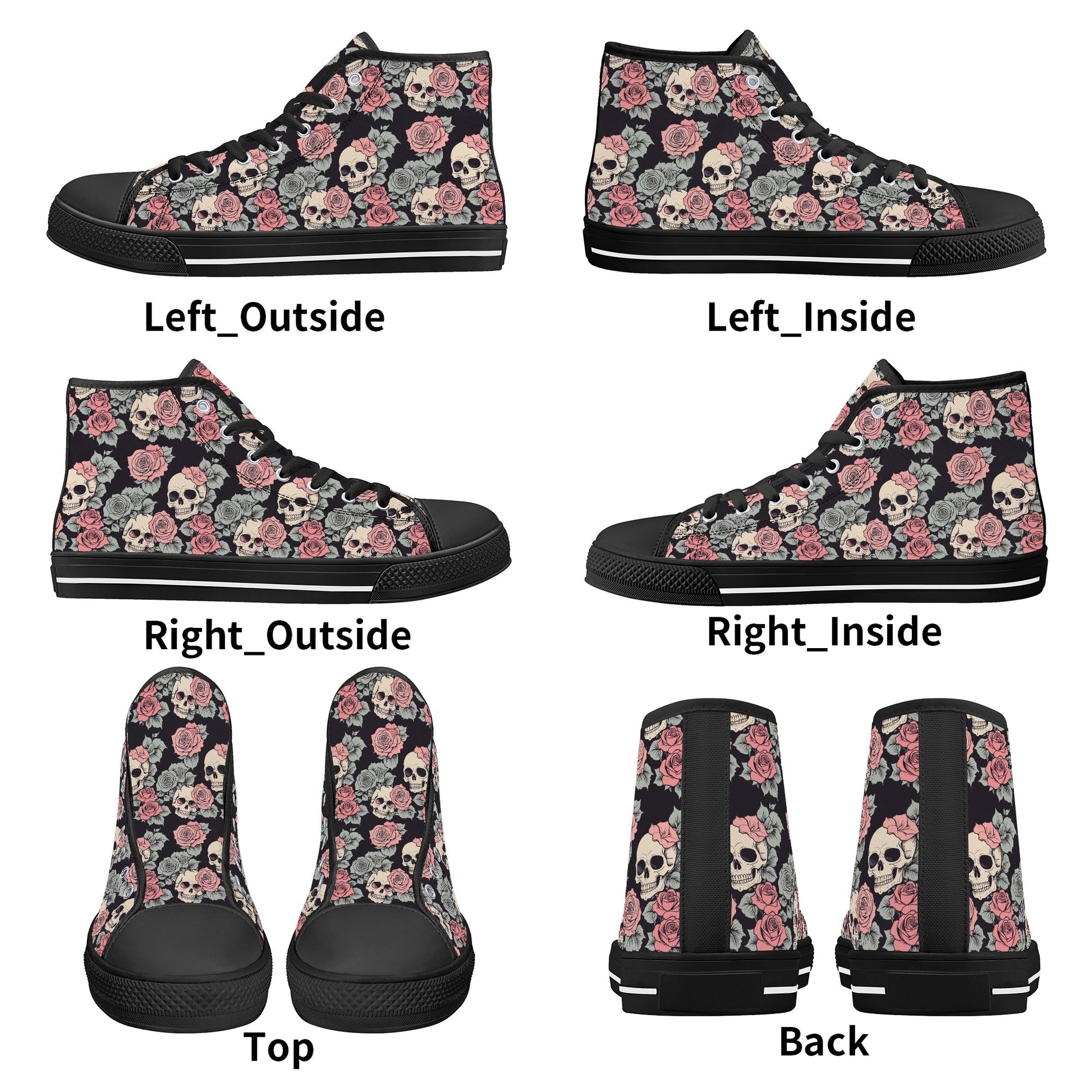 Skull and Pink Rose Womens High Top Canvas Shoes DeRose Seasonal