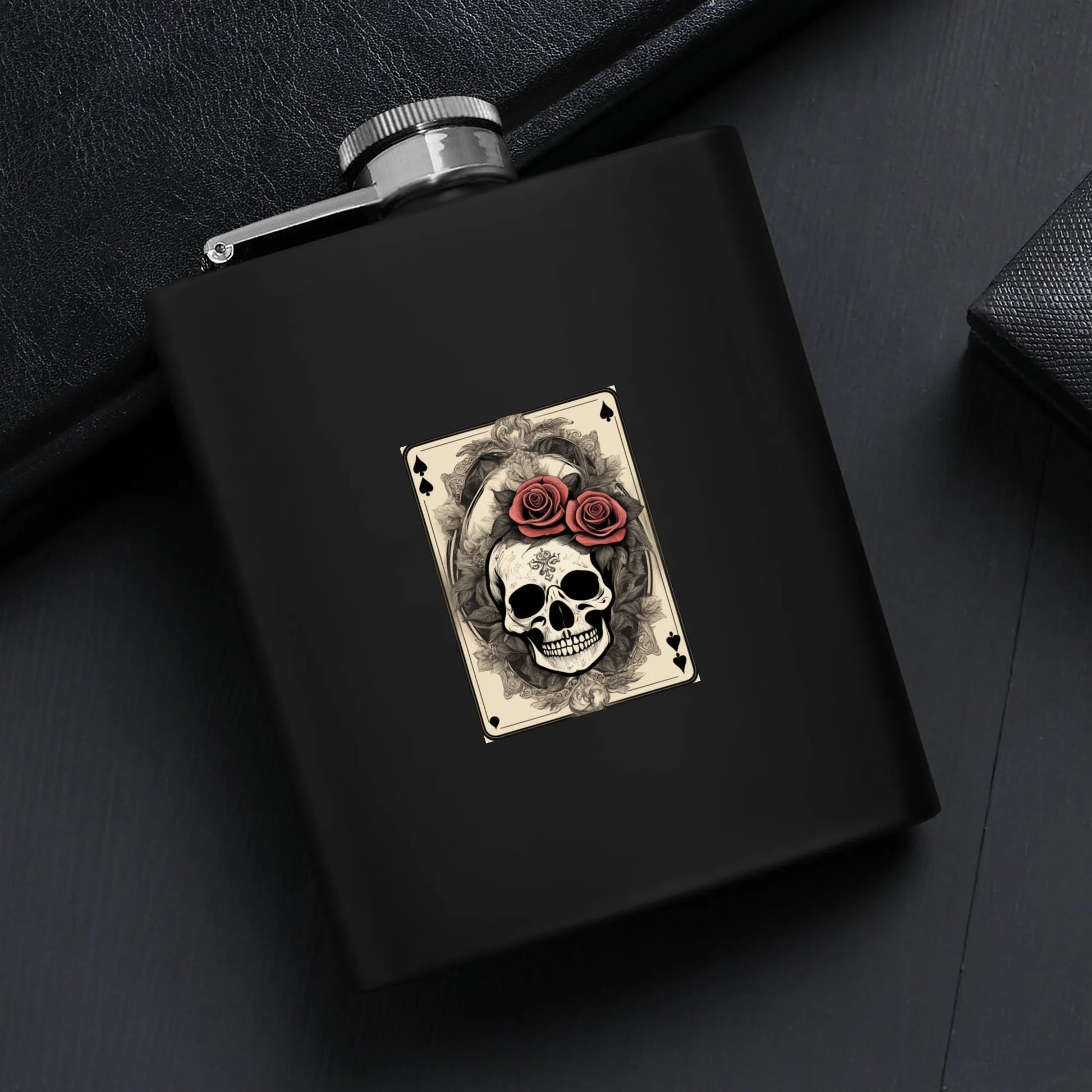 Skull of Spades Flask Set 7oz Black Stainless Steel with A Gift Box DeRose Seasonal