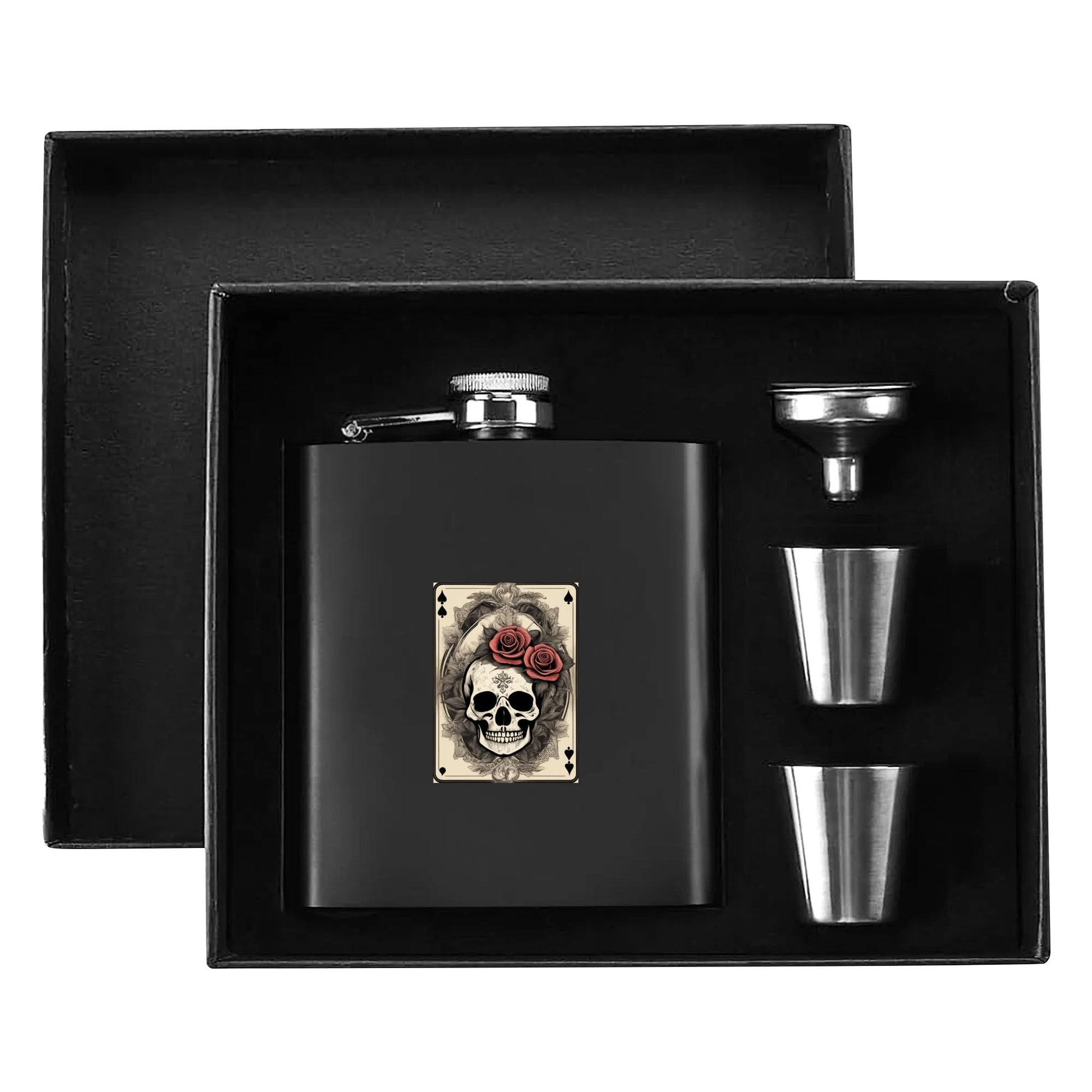 Skull of Spades Flask Set 7oz Black Stainless Steel with A Gift Box DeRose Seasonal