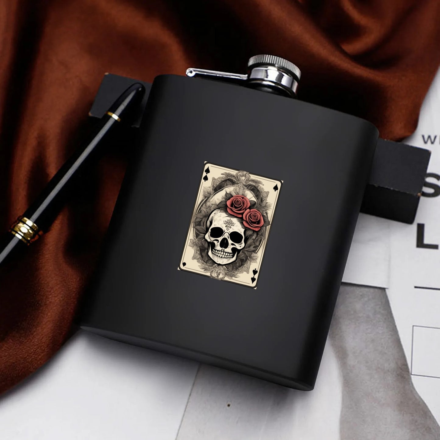 Skull of Spades Flask Set 7oz Black Stainless Steel with A Gift Box DeRose Seasonal