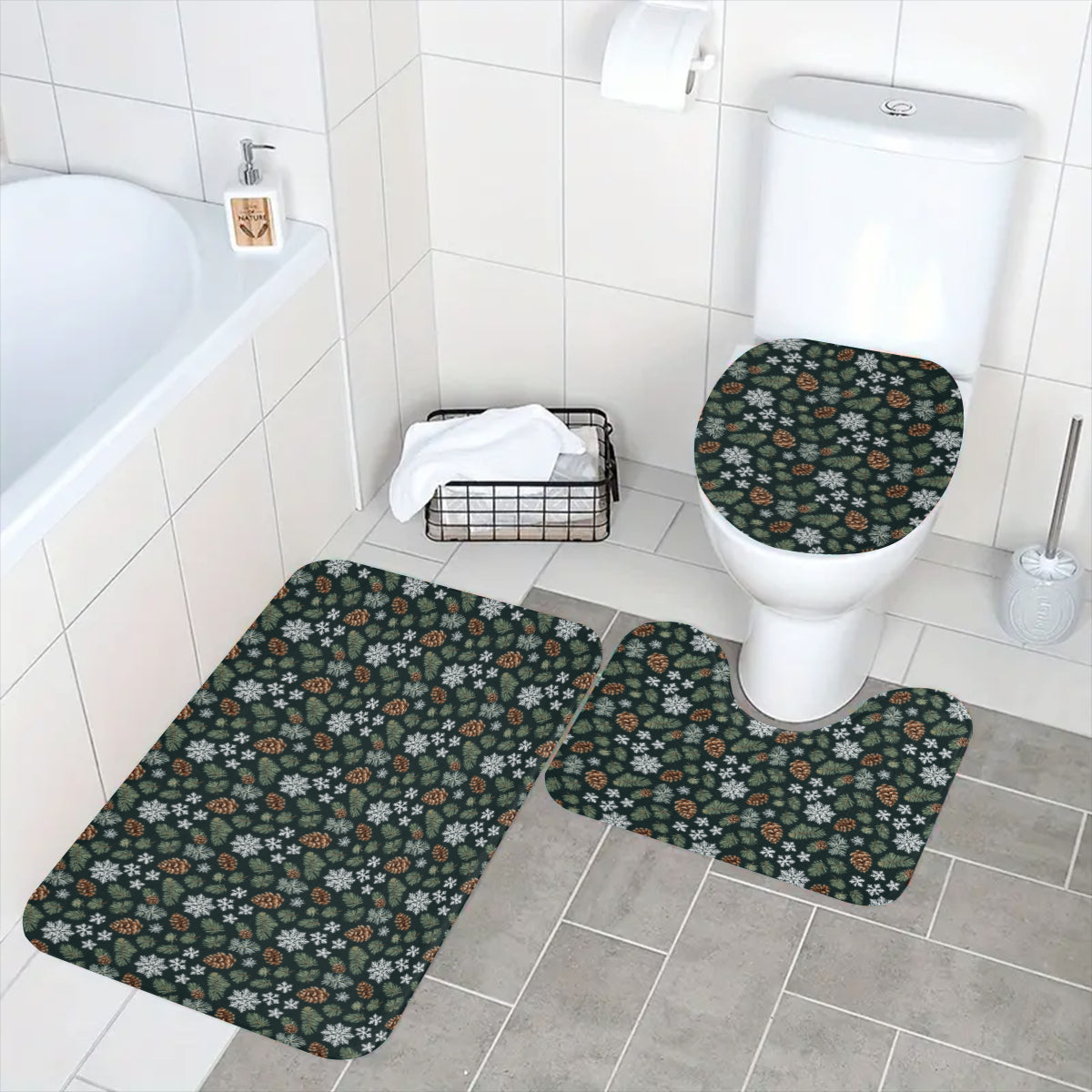 Snowflake Pine Bathroom Four-Piece Set(Shower Curtain + Toilet Cover Mat + Toilet Foot Mat + Floor Mat)| Polyester DeRose Seasonal