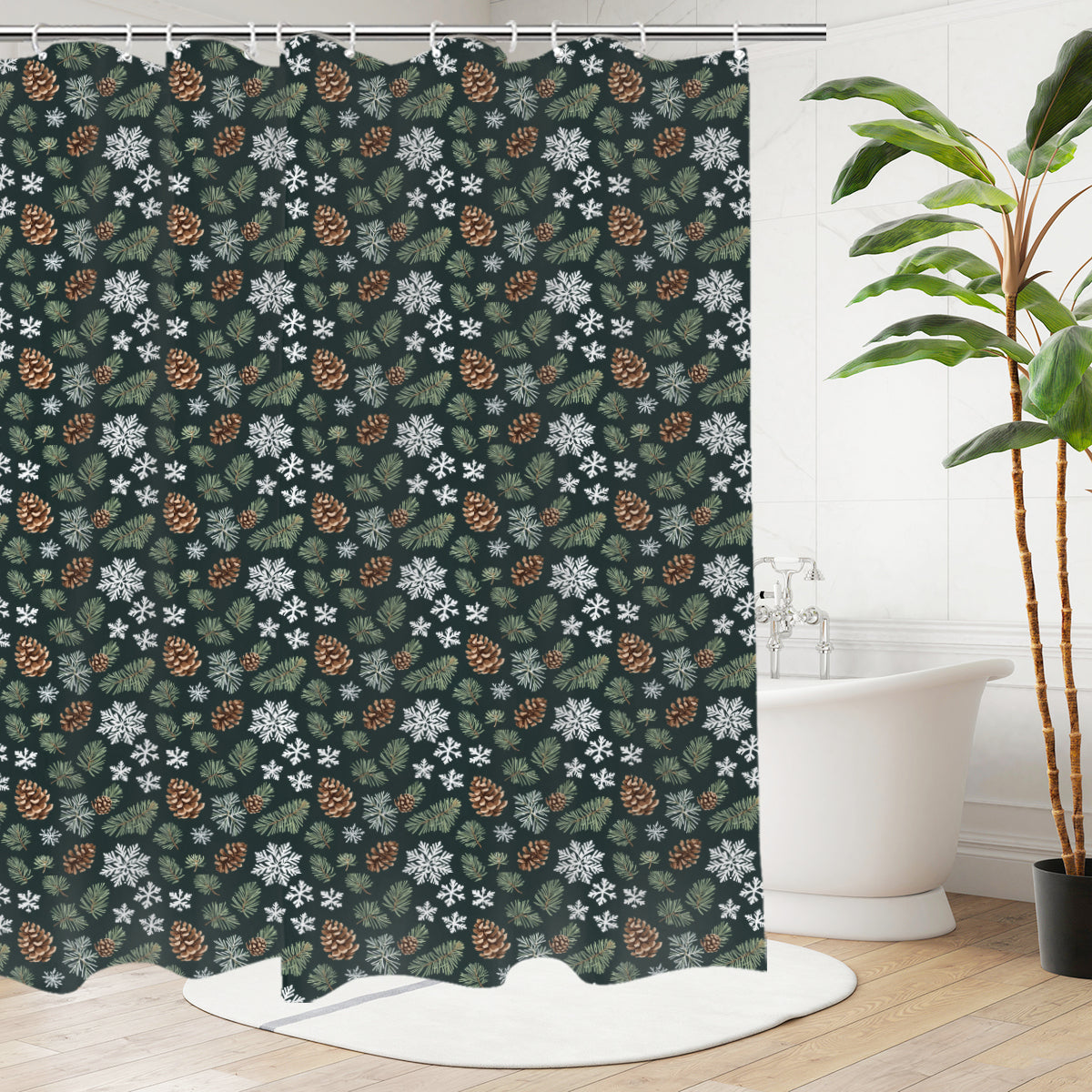 Snowflake Pine Bathroom Four-Piece Set(Shower Curtain + Toilet Cover Mat + Toilet Foot Mat + Floor Mat)| Polyester DeRose Seasonal