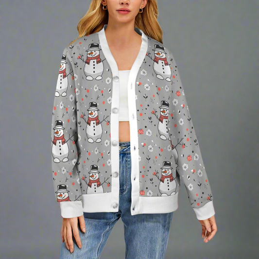 Snowman Women's Cardigan Button Sweater Custom Women's Cardigan (Model H73) DeRose Seasonal