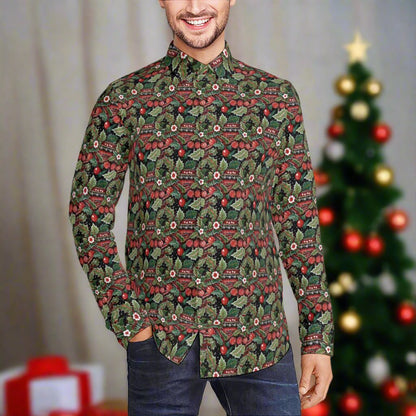 Vintage Christmas Men's Classic Long-Sleeved Button up Polyester Dress Shirt DeRose Seasonal