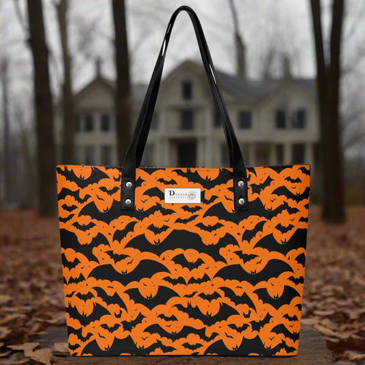 Womens Halloween Bats PU Leather Tote Bag with Front Zipper Pocket DeRose Seasonal