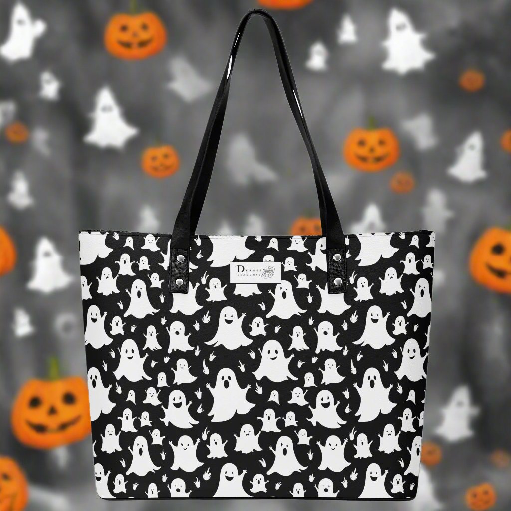 Womens Spooky Ghost PU Leather Tote Bag with Front Zipper Pocket DeRose Seasonal