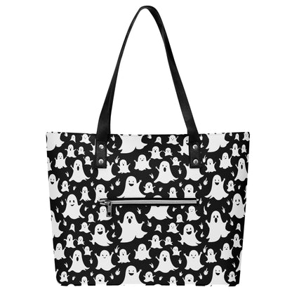 Womens Spooky Ghost PU Leather Tote Bag with Front Zipper Pocket DeRose Seasonal