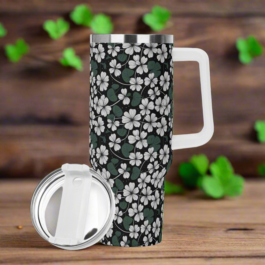 White Clover 40oz Stainless Steel Tumbler Gift With White Handle and Straw