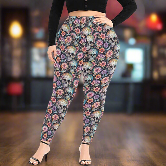 Pastel Floral and Skulls Women's Plus Size High Waited Leggings Women's High Waist Leggings(Plus Size)(ModelL45)